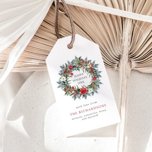 レッドクリスマスベリーとパインリースホリデイ ギフトタグ