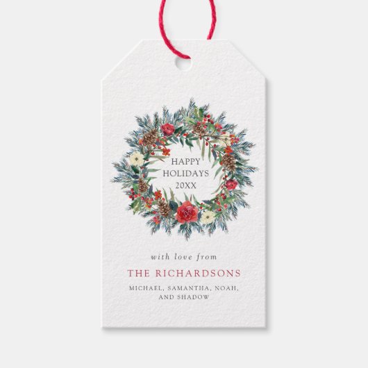レッドクリスマスベリーとパインリースホリデイ ギフトタグ (正面)