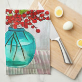 レッドクリスマスベリーの水の色のアー素晴らしト キッチンタオル (四つ折り)