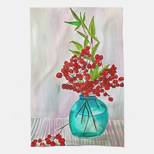 レッドクリスマスベリーの水の色のアー素晴らしト キッチンタオル (縦)