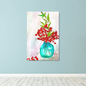 レッドクリスマスベリーの水の色のアー素晴らしト キャンバスプリント (インサイチュ (ウッドフロア))