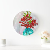 レッドクリスマスベリーの水の色のアー素晴らしト ラージ壁時計 (ホーム)