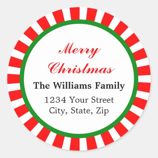 レッドクリスマスペパーミントキャンディストライプー ラウンドシール (正面)