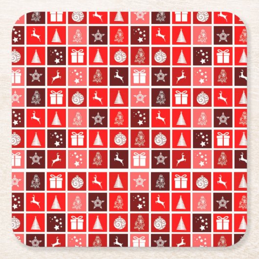 レッドクリスマスホリデーキュートツリートナカイ スクエアペーパーコースター (正面)