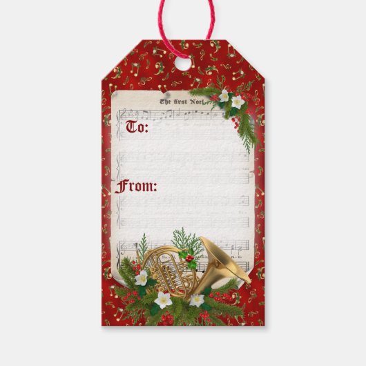 レッドクリスマスホーフランスのンヴィンテージシート音楽 ギフトタグ (正面)