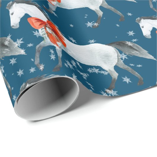 レッドクリスマスボウズオンホワイトホースティール(緑がかった色)ナイトスカイ ラッピングペーパー (ロールコーナー)
