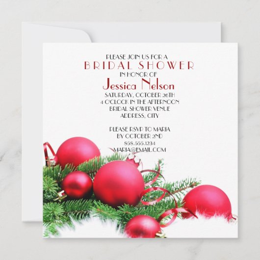 レッドクリスマスボールブライダルシャワー 招待状 (正面)