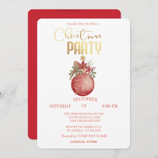 レッドクリスマスボール、ポインセチア・クリスマス 招待状 (正面/裏面)