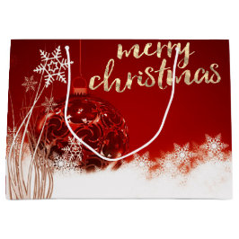 レッドクリスマスボール、雪の結晶、休日 ラージペーパーバッグ