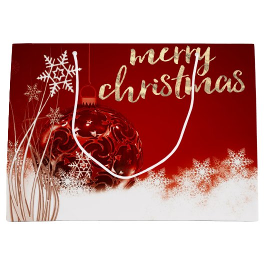 レッドクリスマスボール、雪の結晶、休日 ラージペーパーバッグ (正面)