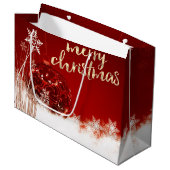 レッドクリスマスボール、雪の結晶、休日 ラージペーパーバッグ (正面アングル)