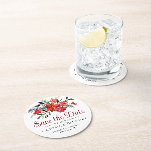 レッドクリスマスポインセチア休日の日付を保存 ラウンドペーパーコースター (インサイチュ)