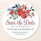 レッドクリスマスポインセチア休日の日付を保存 ラウンドペーパーコースター (正面)