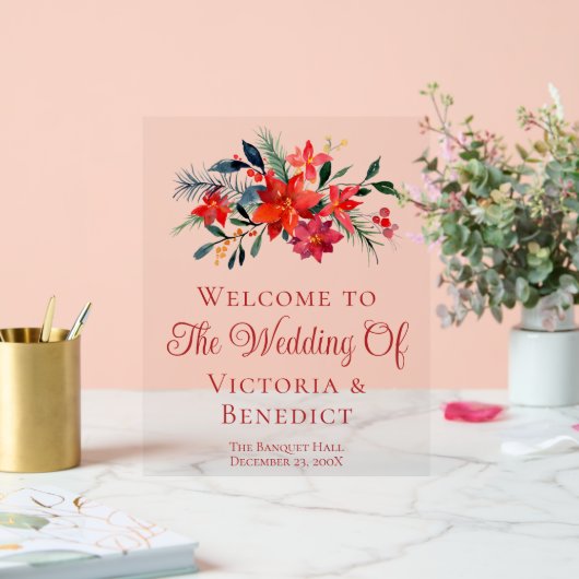 レッドクリスマスポインセチア結婚フローラの歓迎 アクリルサイン (ウェディング)