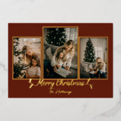 レッドクリスマスライト3フォトフォイルホリデーカード 箔シーズンカード (正面)