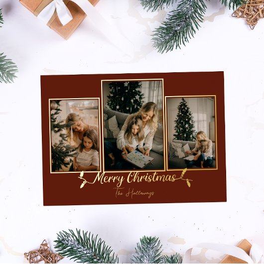 レッドクリスマスライト3フォトフォイルホリデーカード 箔シーズンカード