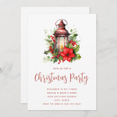 レッドクリスマスランタンポインセチアと松のパーティー 招待状 (正面/裏面)
