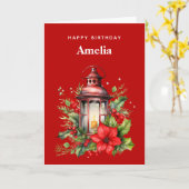 レッドクリスマスランタンポインセチア&パイン誕生日 カード (黄色い花)