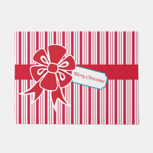 レッドクリスマスリボン玄関マット  ドアマット (正面)