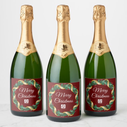 レッドクリスマスリースカスタム会社のロゴパーティー スパークリングワインラベル (ボトル)
