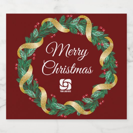 レッドクリスマスリースカスタム会社のロゴパーティー スパークリングワインラベル (シングルラベル)