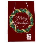 レッドクリスマスリースカスタム会社のロゴパーティー ミディアムペーパーバッグ (正面)