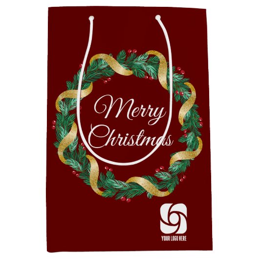 レッドクリスマスリースカスタム会社のロゴパーティー ミディアムペーパーバッグ (正面)