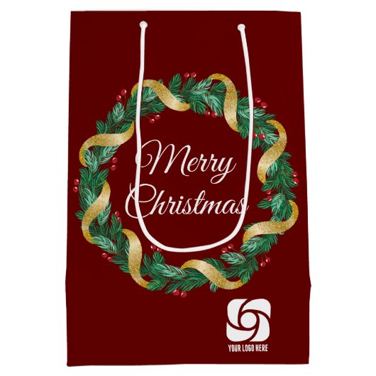 レッドクリスマスリースカスタム会社のロゴパーティー ミディアムペーパーバッグ (裏面)