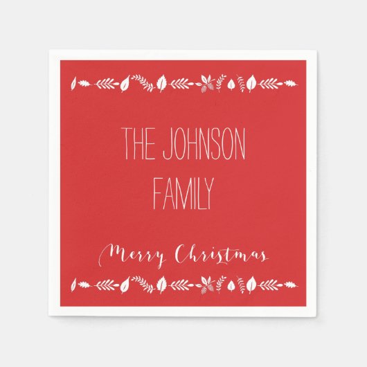 レッドクリスマス紙ナプキン葉と白 スタンダードカクテルナプキン (正面)