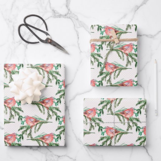レッドクリスマス（鳥）ショウジョウコウカンチョウオンパインブランチ ラッピングペーパーシート (正面)