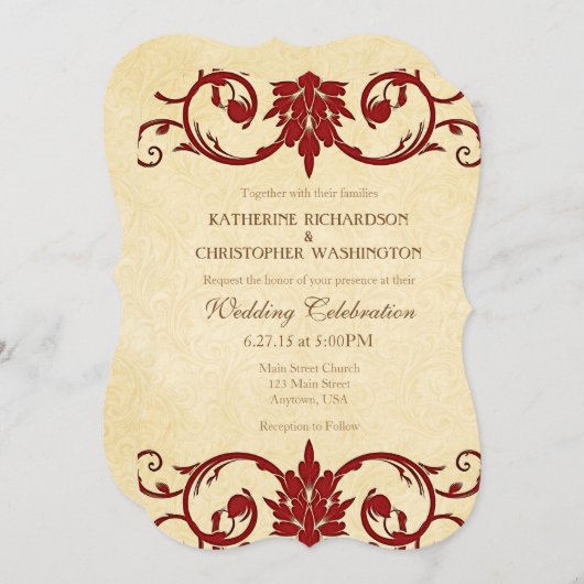 レッドクリームスワーズヴィンテージウェディング招待状 招待状 (正面/裏面)