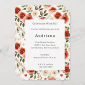 レッドクリームハートとフラワーズ誕生日 招待状 (正面/裏面)