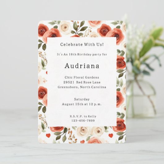 レッドクリームハートとフラワーズ誕生日 招待状 (スタンド正面)