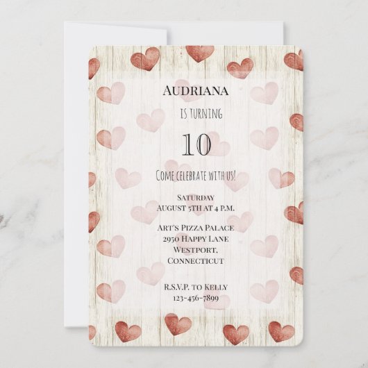レッドクリームハートズフェイクウッド誕生日 招待状 (正面)