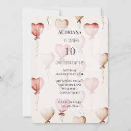 レッドクリームハートバルーン誕生日 招待状