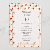 レッドクリームハートライン誕生日 招待状 (正面/裏面)