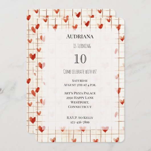 レッドクリームハートライン誕生日 招待状 (正面/裏面)