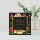 レッドクリームバラフローラ金ゴールドブラックバースデーパーティー 招待状 (スタンド正面)