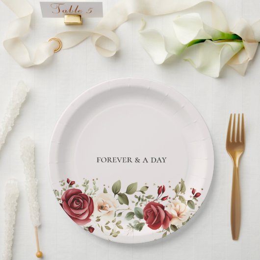 レッドクリームバラ結婚金ゴールド ペーパープレート (ウェディング)