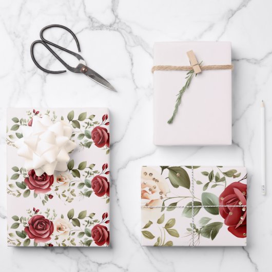 レッドクリームバラ結婚金ゴールド ラッピングペーパーシート (正面)