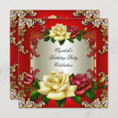 レッドクリームバラ金ゴールドエレガントバースデーパーティー 招待状 (正面/裏面)