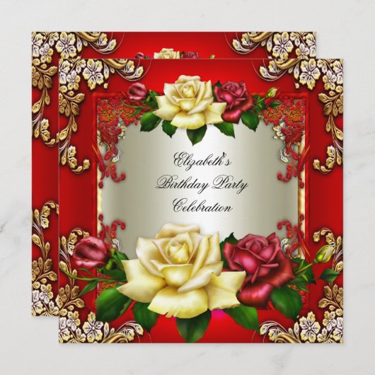 レッドクリームバラ金ゴールドエレガントバースデーパーティー 招待状 (正面/裏面)