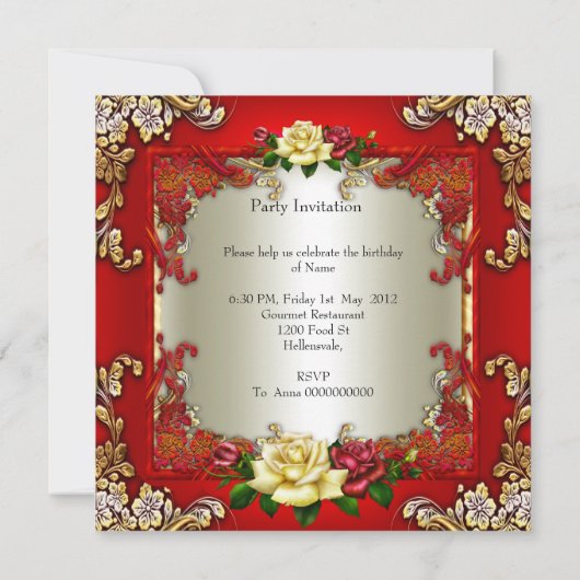 レッドクリームバラ金ゴールドエレガントバースデーパーティー 招待状 (裏面)