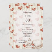 レッドクリームフェイクハートウッドキャット誕生日 招待状 (正面/裏面)