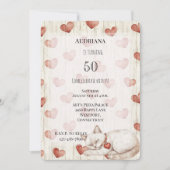 レッドクリームフェイクハートウッドキャット誕生日 招待状 (正面)