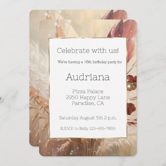 レッドクリームボホフェザーフローラ16誕生日 招待状 (正面/裏面)