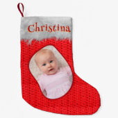 レッドクロシェプリントクラシックメリークリスマスフォト スモールクリスマスストッキング (正面)