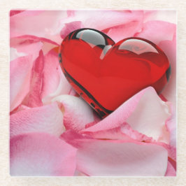 レッドグラスハートバラ花びら ガラスコースター