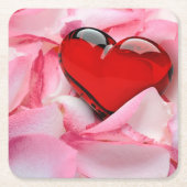 レッドグラスハートバラ花びら スクエアペーパーコースター (正面)