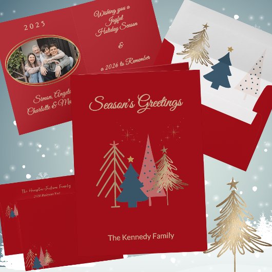 レッドグラフィッククリスマスツリーズゴールドフォイルクリスマス 箔グリーティングカード